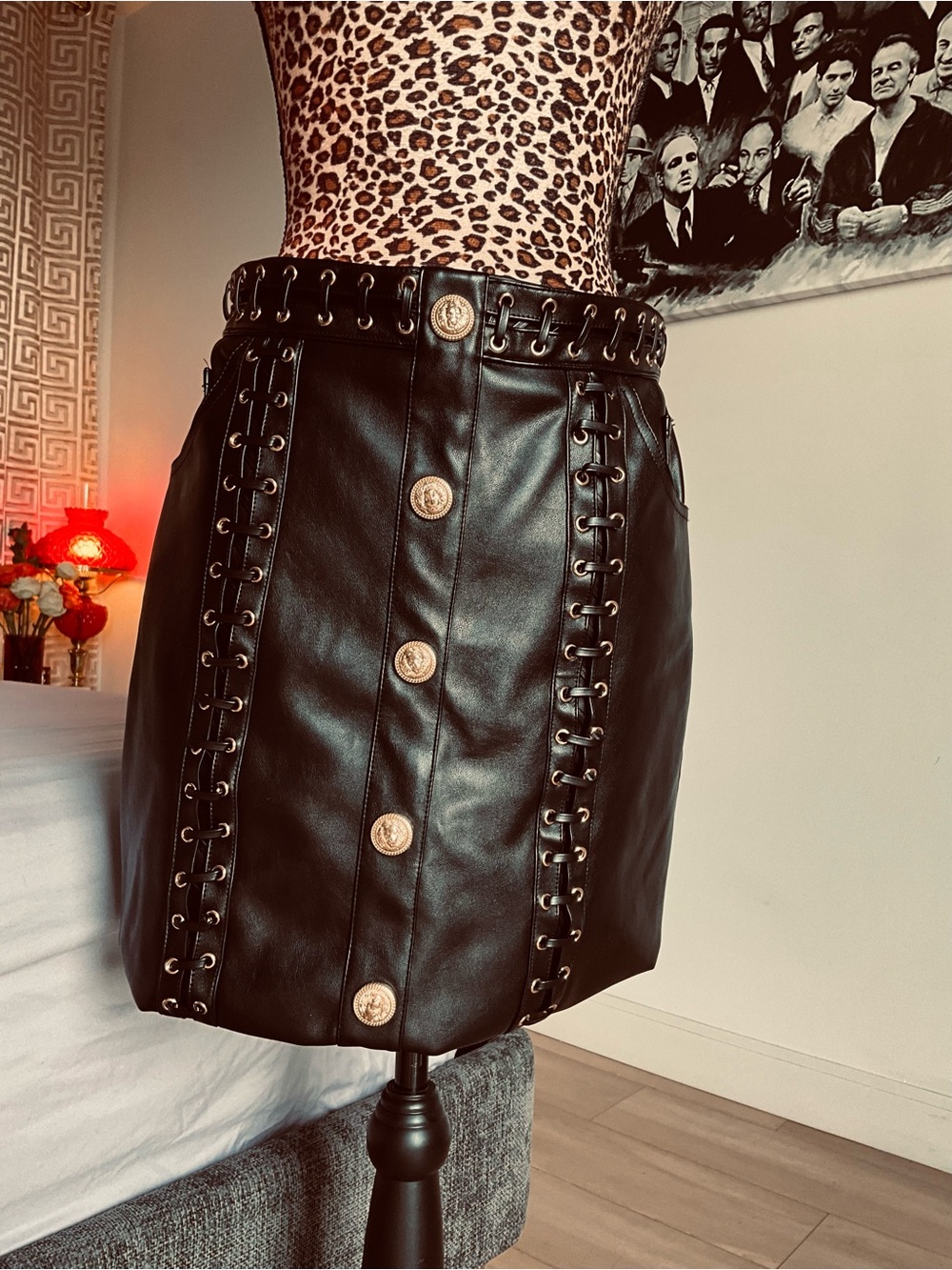 Fashion Nova Luxe Black Faux Leather Mini Skirt with Big Gold Buttons - Picture 6 of 11